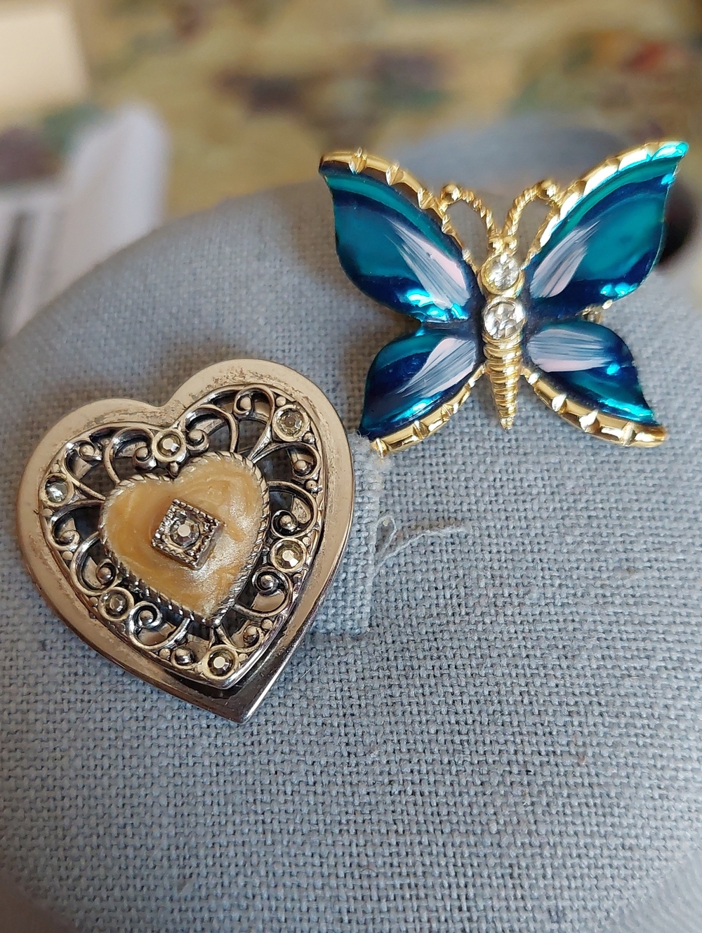 2fer- Blue Enamel Butterfly Pin Brooch -  Silver Enamel Rhinestone Heart